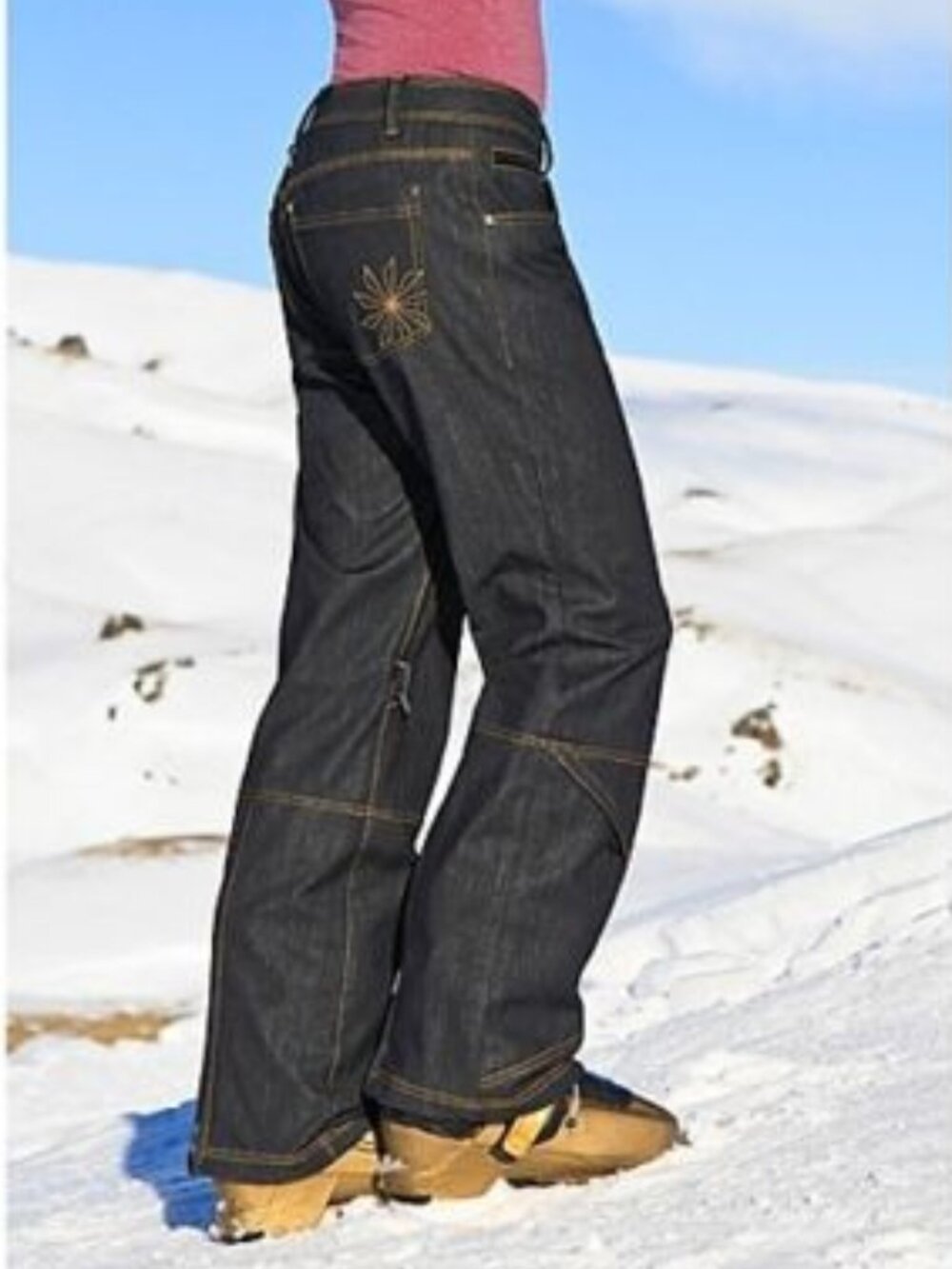 Athleta Schoeller Powder Jeans Denim Ski Pant Size 4 Petite Y2K Bootcut Low Rise